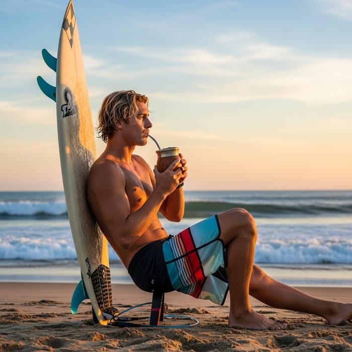 Blond Surfer Drinking Yerba Mate at Sunset Beach