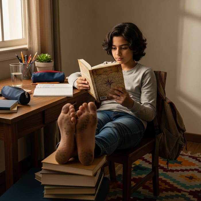 Middle Schooler Lost in Book with Dirty Bare Soles Middle Schooler Lost in Book with Dirty Bare Soles