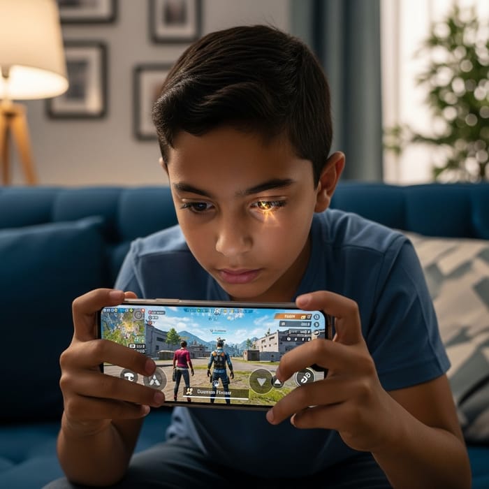 Young Boy Engrossed in Free Fire Mobile Gameplay