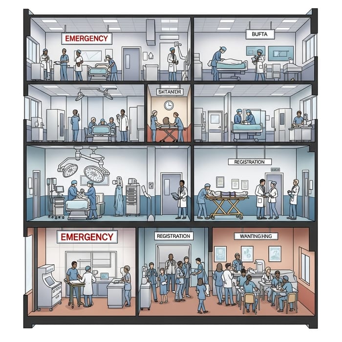Detailed Multi-Story Hospital Scenes: ER, OR, Hallways, Registration, Cafeteria