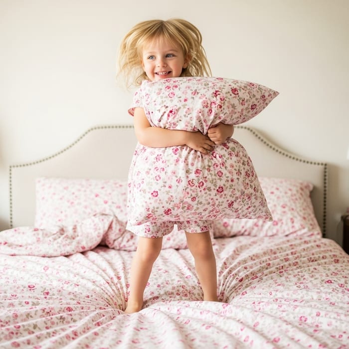 Cheerful Girl with Bright Blonde Hair Jumping on Pink Floral Bed Cheerful Girl with Bright Blonde Hair Jumping on Pink Floral Bed