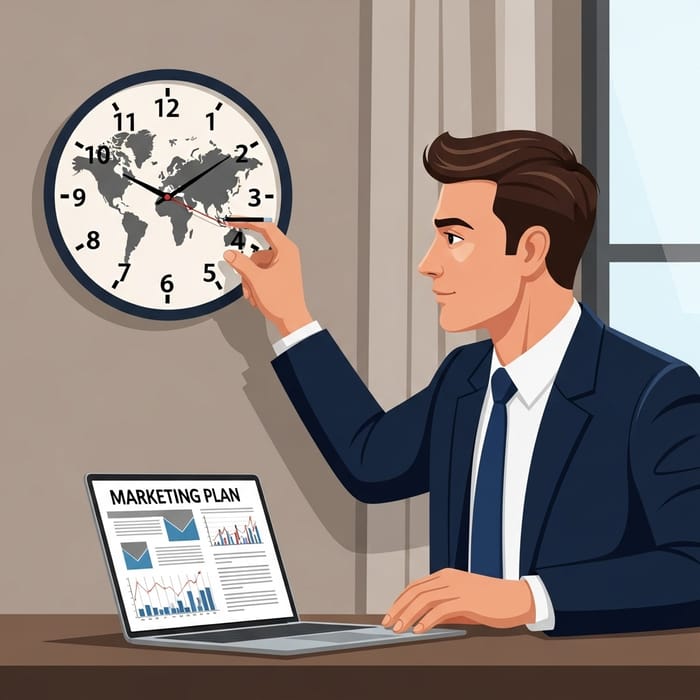Determined Entrepreneur Setting Global Marketing Campaign Time Determined Entrepreneur Setting Global Marketing Campaign Time