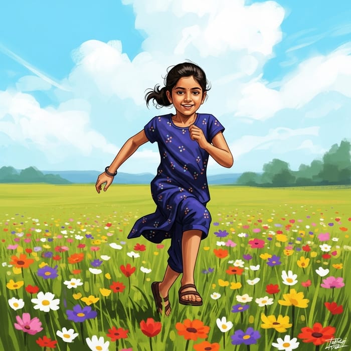 Energetic Girl Running in Colorful Field with Vibrant Hues Energetic Girl Running in Colorful Field with Vibrant Hues