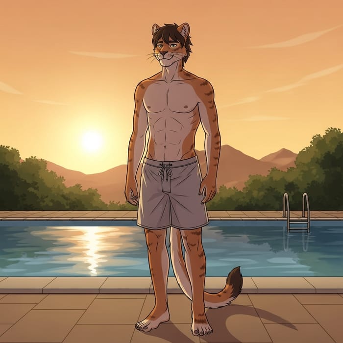 Male Beast Demi-Human Relaxing by Pool at Sunset Male Beast Demi-Human Relaxing by Pool at Sunset