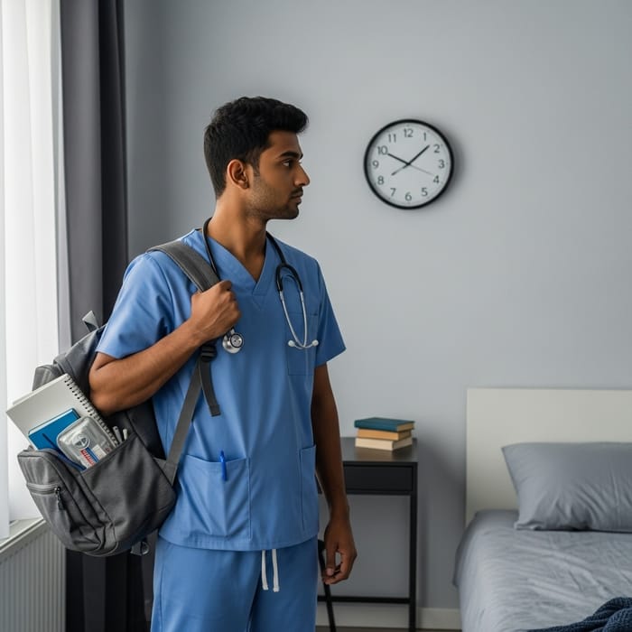 South Asian Nursing Student Contemplating Time in Bedroom South Asian Nursing Student Contemplating Time in Bedroom