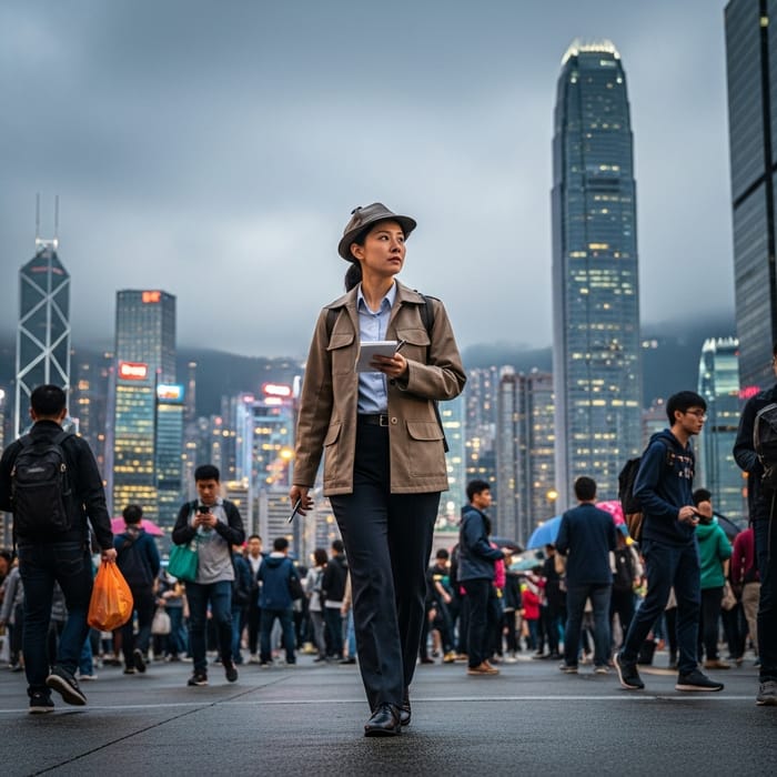 Female Asian Detective Strides Through City | Urban Investigation Female Asian Detective Strides Through City | Urban Investigation