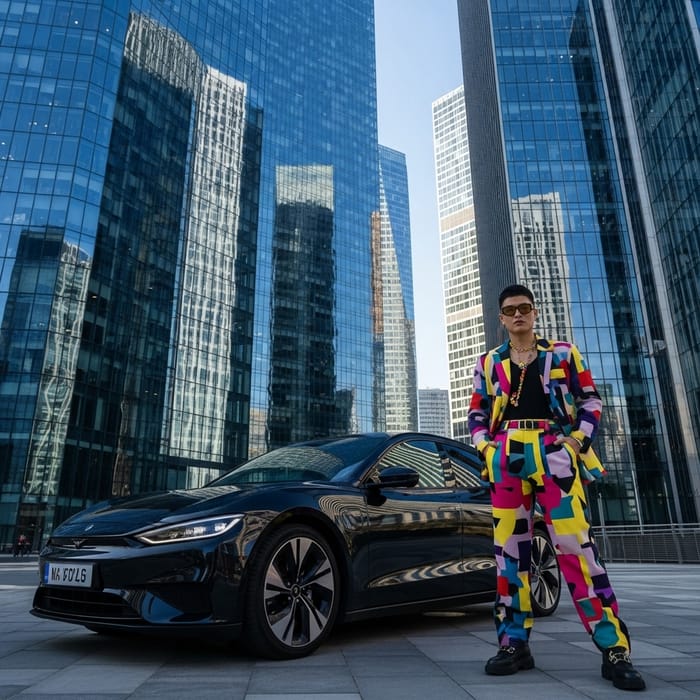 Stylist, Bold and Modern: Fashion-Forward Individual with Electric Vehicle Stylist, Bold and Modern: Fashion-Forward Individual with Electric Vehicle