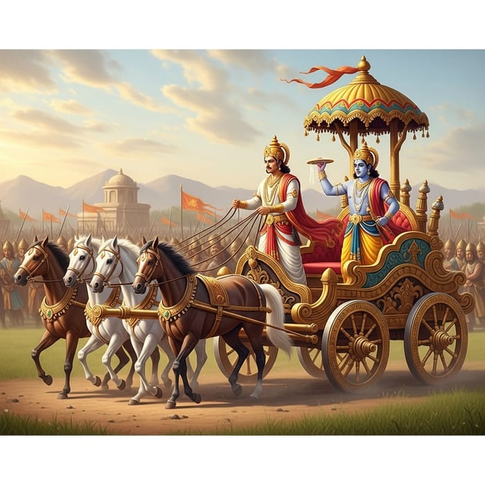 Krishna and Arjuna's Epic Chariot Scene in Kurukshetra Field