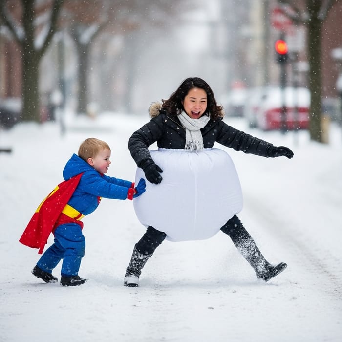 Charming 4k Scene: Super Hero Toddler Pushes Woman in Snow-filled Street Charming 4k Scene: Super Hero Toddler Pushes Woman in Snow-filled Street