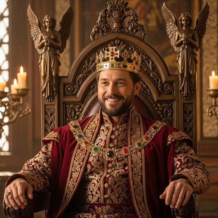Regal King in Red & Gold Robe on Throne | Renaissance Oil Painting
