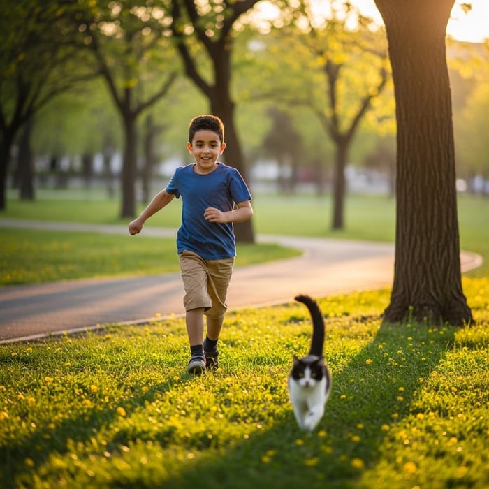 Boy Running After Cat in Garden Boy Running After Cat in Garden