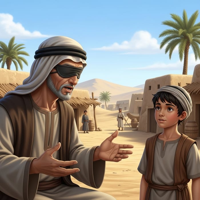 Blind Man Communicating with Young Boy in Pre-Islamic Era