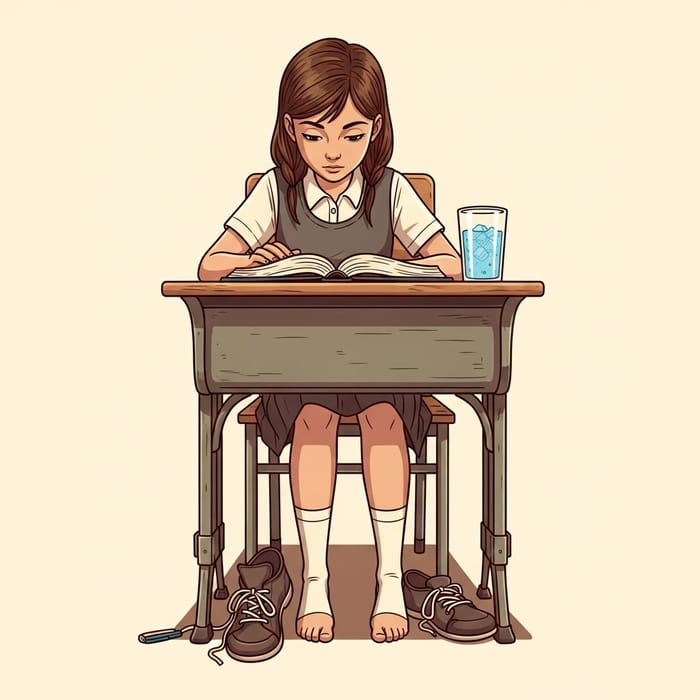 Nostalgic Scene: Girl at School Desk Focused on Book Nostalgic Scene: Girl at School Desk Focused on Book