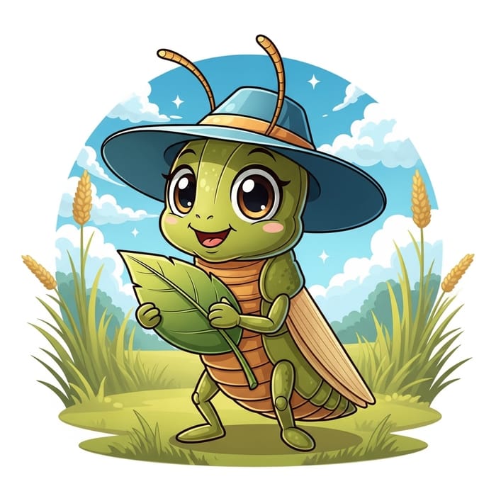 Cute Locust Drawing on Vibrant Green Background