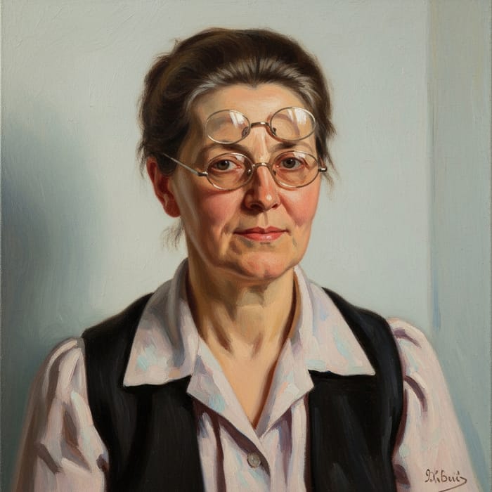 Elegant Realist Painting of a Woman with Eyeglasses