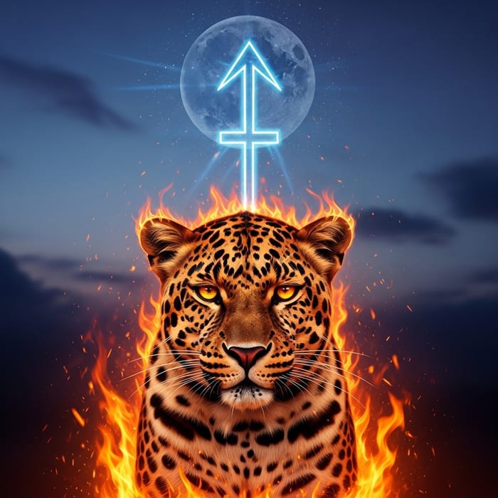 Fiery Leopard in Celestial Landscape with Sagittarius Symbol Fiery Leopard in Celestial Landscape with Sagittarius Symbol