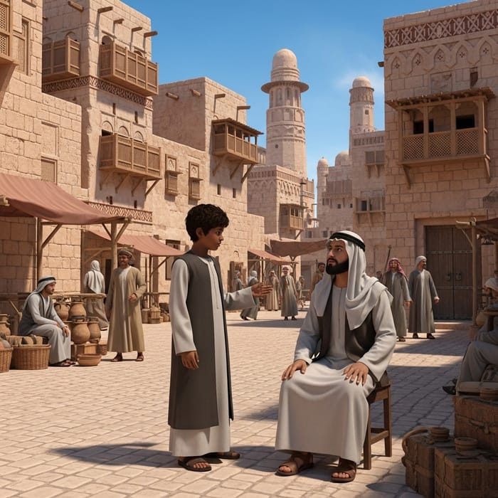 Young Boy in Ancient Arabian City Talking to Sick Man
