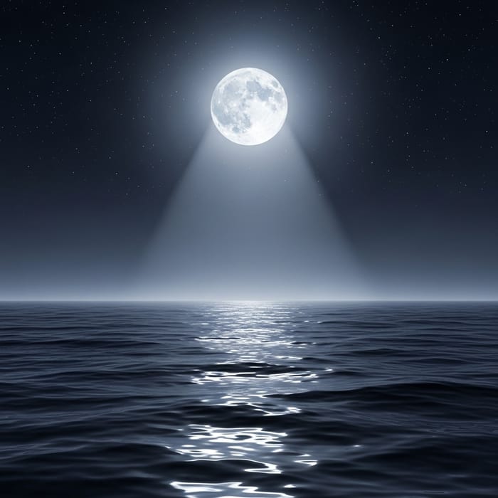Moonlit Sea at Night: Tranquil Waters and Starry Sky