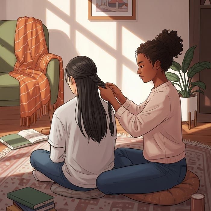 Young Woman Braiding Boyfriend's Hair - Intimate Moment Young Woman Braiding Boyfriend's Hair - Intimate Moment