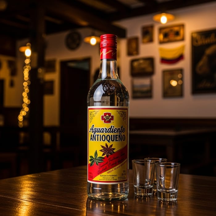 Aguardiente Antioqueño: Colombian Anise Liqueur on Wooden Table Aguardiente Antioqueño: Colombian Anise Liqueur on Wooden Table