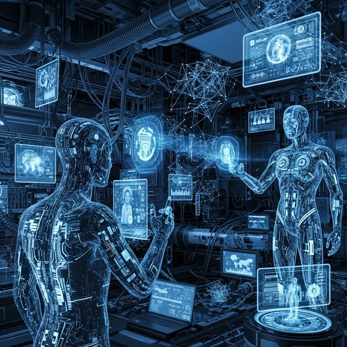 Futuristic Science and AI Network Illustration with Humanoid Robots Futuristic Science and AI Network Illustration with Humanoid Robots