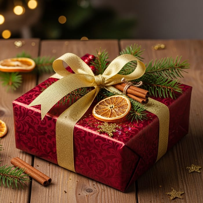 Elegant Christmas Gift Wrapping with Red Damask, Gold Details & Festive Charm