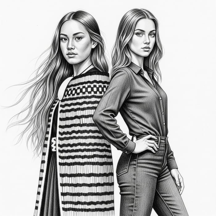 Maori and British Girls Sketch - Cultural Unity in Black and White