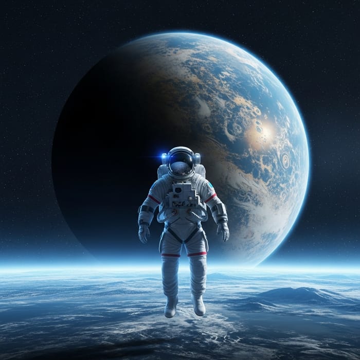 Astronaut Floating in Great Expanse of Space Near Unfamiliar Planet Astronaut Floating in Great Expanse of Space Near Unfamiliar Planet
