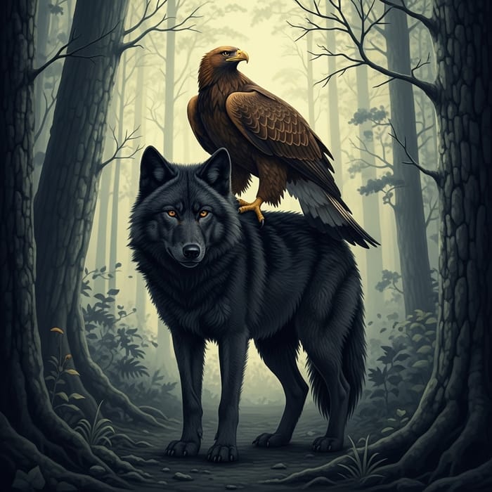Black Wolf and Golden Eagle in Forest - Power Animals Black Wolf and Golden Eagle in Forest - Power Animals