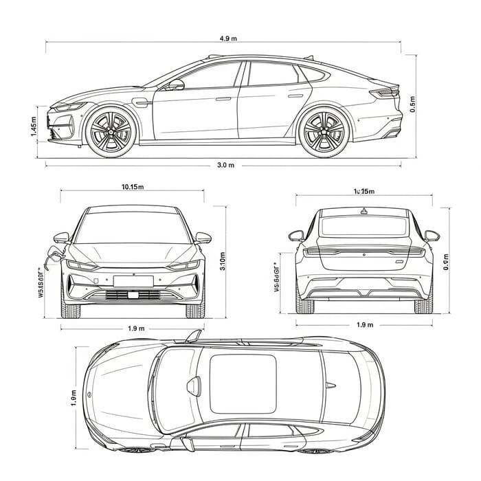 Electric Sedan Blueprint: Side, Front, Back & Top Views Electric Sedan Blueprint: Side, Front, Back & Top Views