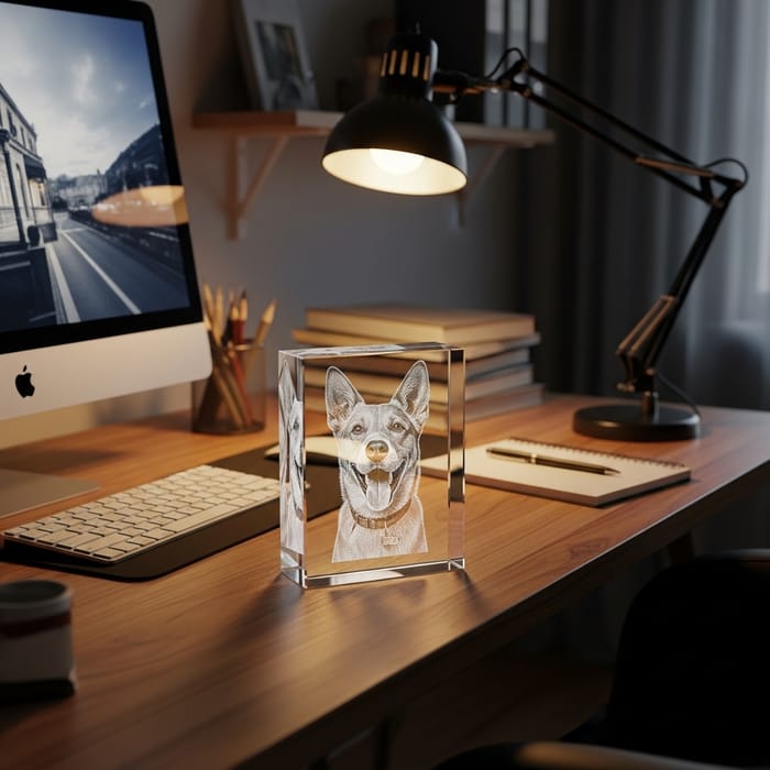 3D Dog Engraving in Crystal on Office Desk 3D Dog Engraving in Crystal on Office Desk