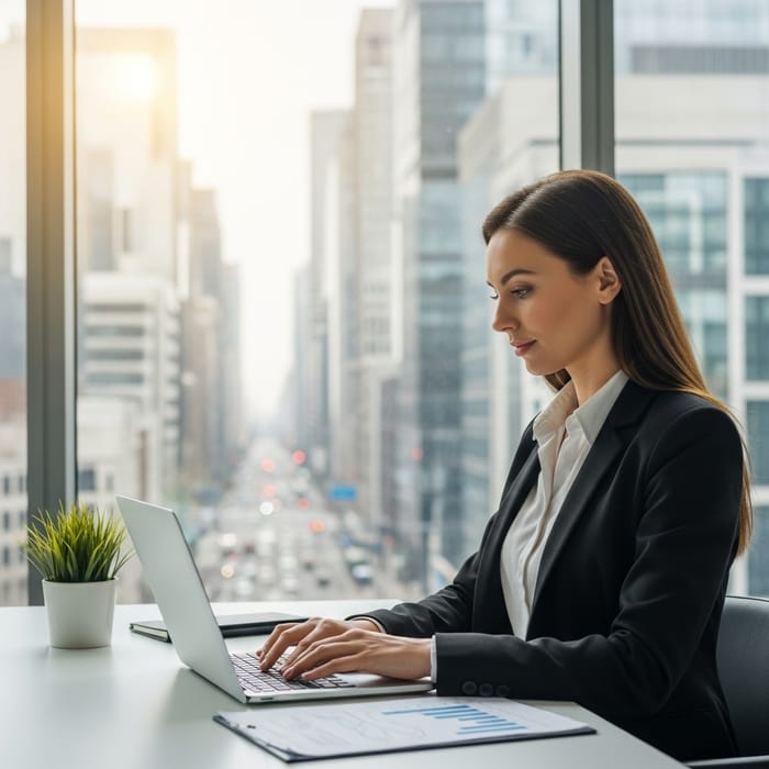 Female Consultant Typing on Macbook Pro in Urban Office Environment
