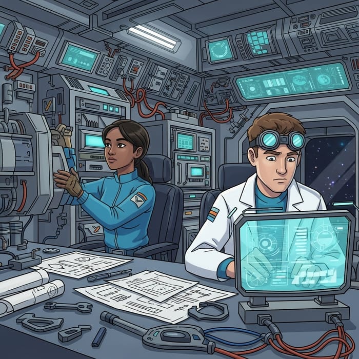 Cartoon Engineer and Scientist in Futuristic Spaceship