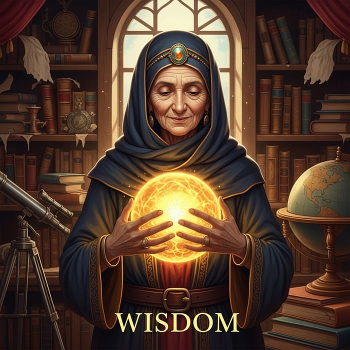 Wisdom Drawing of Middle-Eastern Elderly Woman with Golden Orb Wisdom Drawing of Middle-Eastern Elderly Woman with Golden Orb