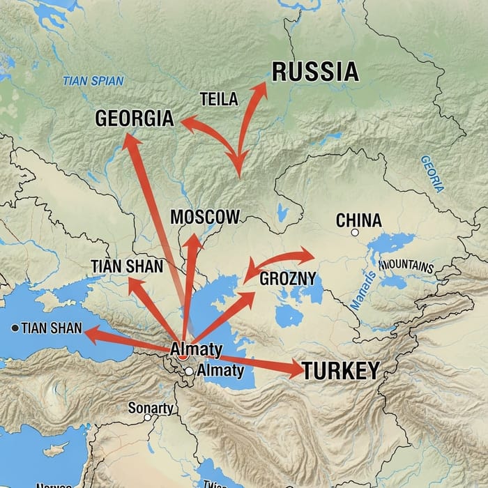 Almaty Map: Arrows to Moscow, Grozny, Georgia, China & Turkey Almaty Map: Arrows to Moscow, Grozny, Georgia, China & Turkey