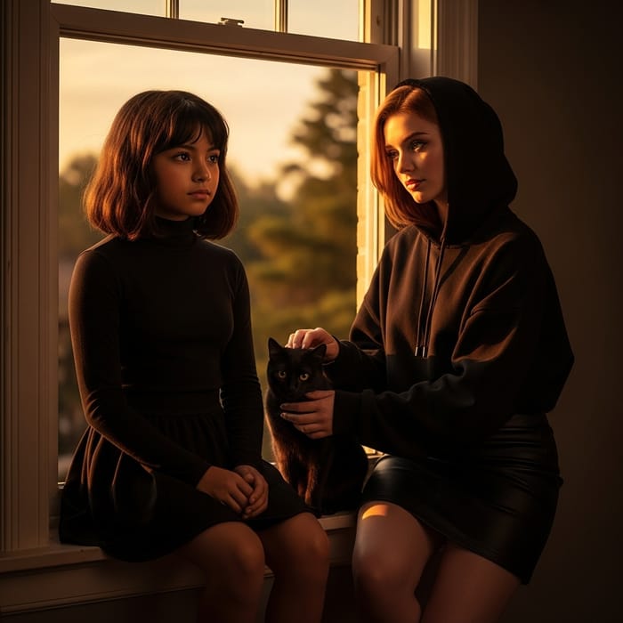 Dreamy Sunset Scene with Two Girls in Edward Hopper Style