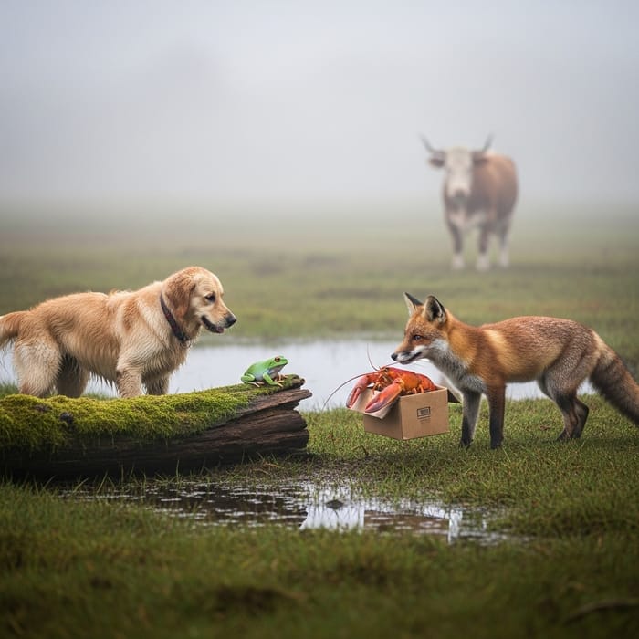 Enchanting Marsh Scene with Playful Dog, Sly Fox, and Curious Ox Enchanting Marsh Scene with Playful Dog, Sly Fox, and Curious Ox