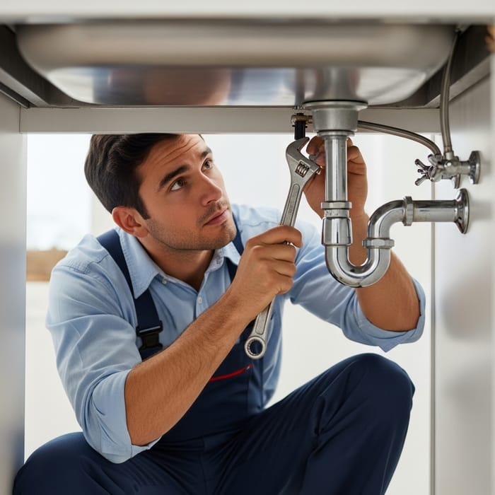 Hispanic Plumber Fixes Leaky Pipe with Expert Service Hispanic Plumber Fixes Leaky Pipe with Expert Service