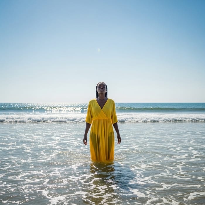 Majestic Black Goddess in Yellow Dress Standing in Ocean Majestic Black Goddess in Yellow Dress Standing in Ocean