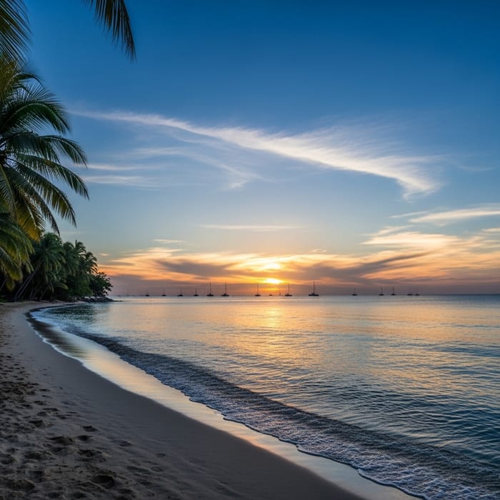 Tranquil Ocean Sunset with Sailboats Tranquil Ocean Sunset with Sailboats