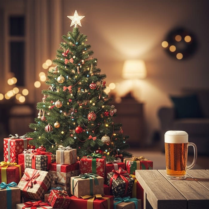Christmas Tree Gifts & Beer: Festive Holiday Scene