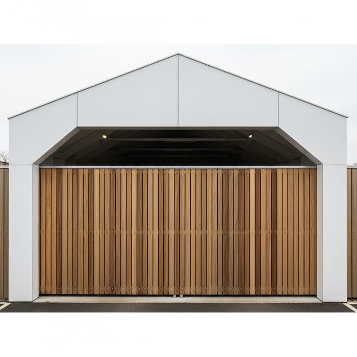 Large White Garage with Sloping Roof and Wooden Gates Large White Garage with Sloping Roof and Wooden Gates