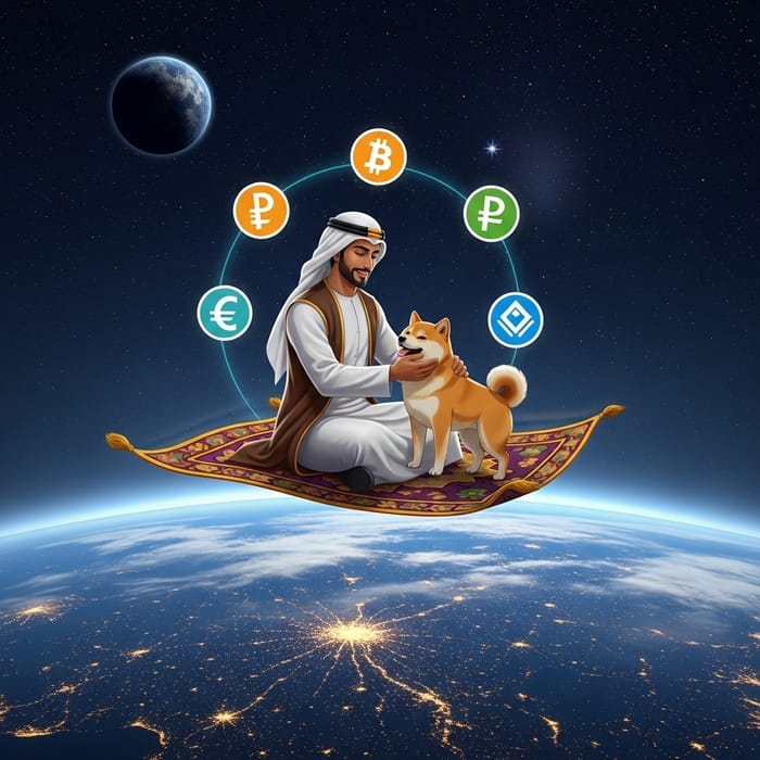 Middle Eastern Prince on Flying Magic Carpet Bonding with Shiba Inu and Cryptocurrency Symbols