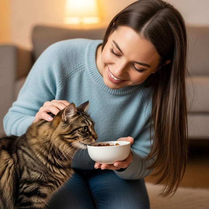 Girl Feeding and Petting Cat | Tender Moment Girl Feeding and Petting Cat | Tender Moment