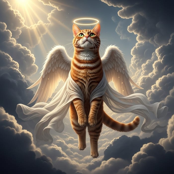 Realistic Red Cat with Angel Wings in Heavenly Clouds Realistic Red Cat with Angel Wings in Heavenly Clouds