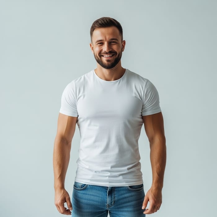Smiling European Man in Blue Jeans & White Shirt Smiling European Man in Blue Jeans & White Shirt