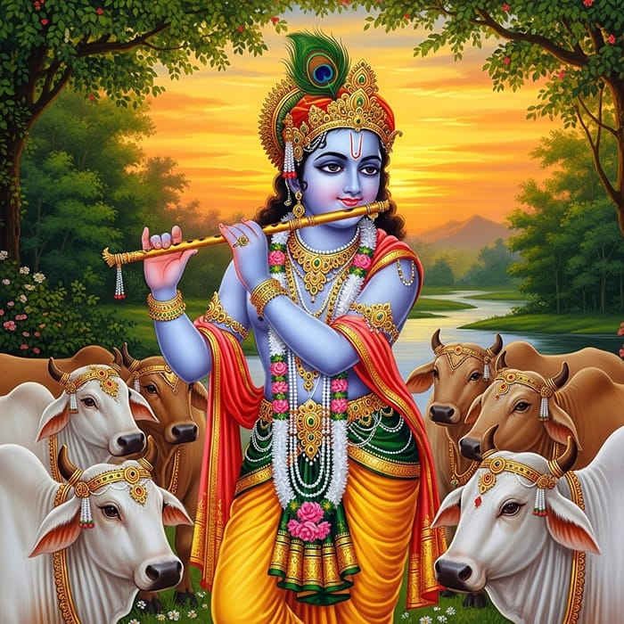 Divine Painting of Lord Krishna with Cows in Serene Setting Divine Painting of Lord Krishna with Cows in Serene Setting