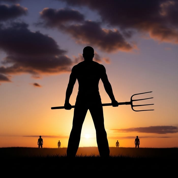 Courageous Hero: Man with Pitchfork Confronting Darkness Courageous Hero: Man with Pitchfork Confronting Darkness