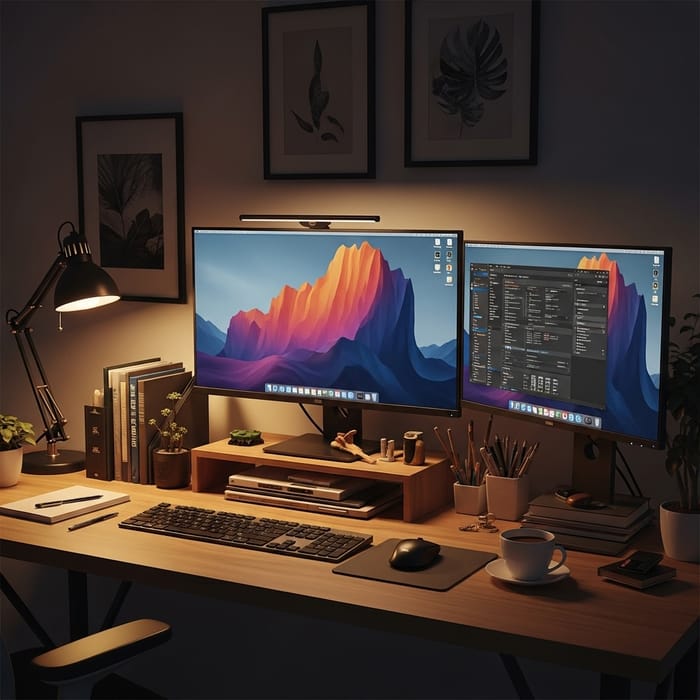 Stylish Workspace with Dual Monitors Stylish Workspace with Dual Monitors
