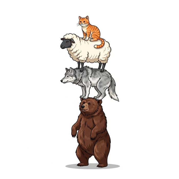 Animal Tower Balancing Act: Cat, Sheep, Wolf, Bear Animal Tower Balancing Act: Cat, Sheep, Wolf, Bear